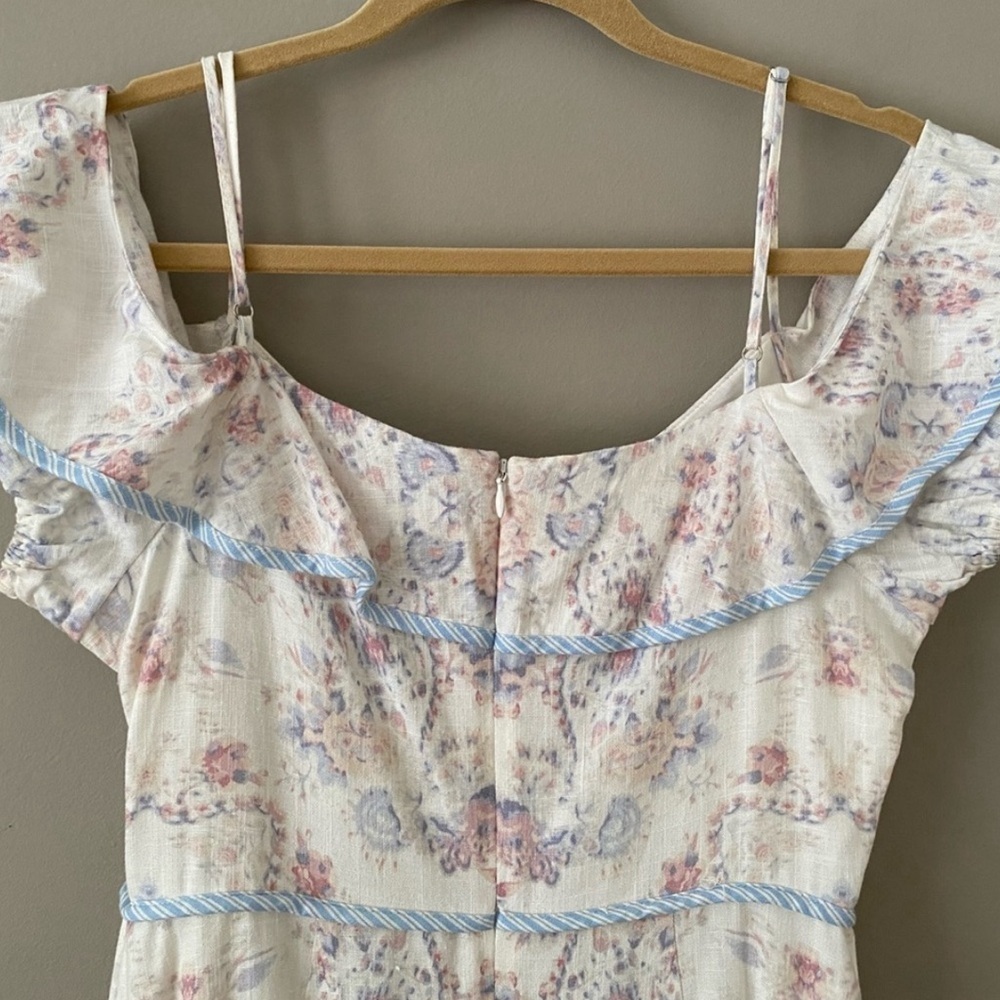 BCBG MAX AZRIA | Hi/Low Off Shoulder Floral Linen MIDI | M - Picture 5 of 6